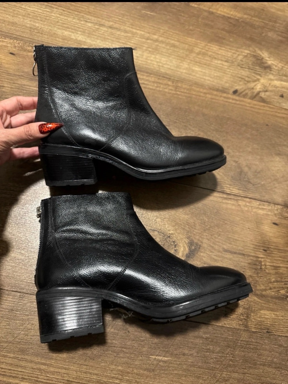 Women's Black Leather Ankle Booties with Low Block Heel